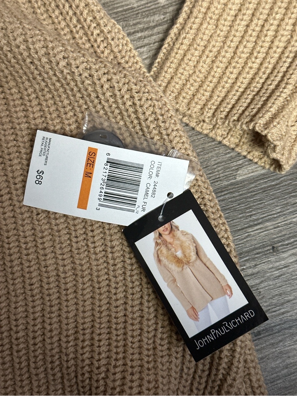 John Paul Richard Camel Faux Fur Collar Knit Cardigan Sweater NWT Size M - Picture 6 of 8